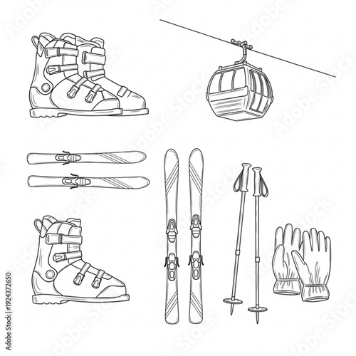 A vector graphic illustration of various skiing equipment including boots, skis, poles, gloves, and a cable car