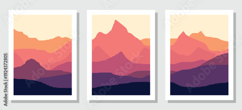 Vibrant mountain landscape with colorful sunset in pink and orange hues