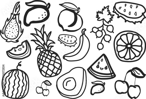 A black and white doodle illustration showcases a variety of tropical and common fruits arranged in a playful composition high quality