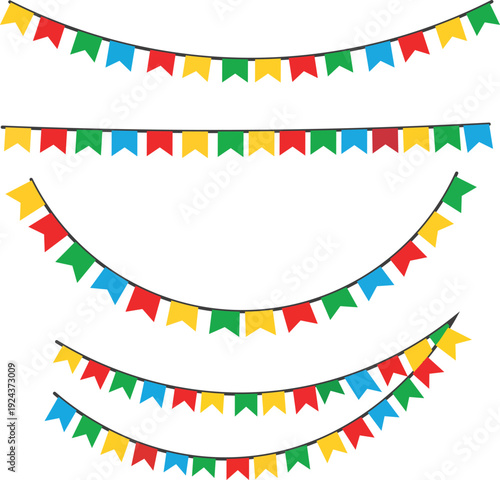 Colorful bunting flags are displayed in multiple rows creating a festive and celebratory atmosphere for events high quality professional detailed modern