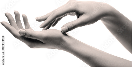 Close up shot of two female hands reaching for each other with a pixelated effect against, halftone dot pattern a transparent background.