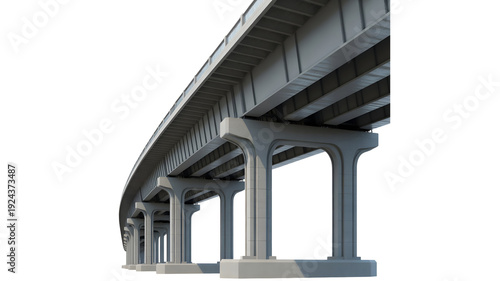 View from below of a modern concrete highway overpass supported by sturdy pillars, isolated on a white background.