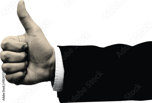Man's hand giving a thumbs up sign in a black suit with a pixelated effect, representing approval and success, halftone dot pattern on a transparent background.