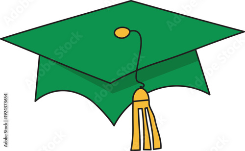 A vibrant green graduation cap is displayed against a white background featuring a golden tassel and detailed folds high quality professional