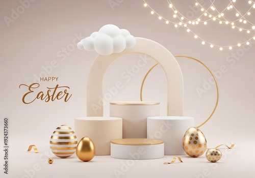 Easter four podiums with golden eggs on light background.