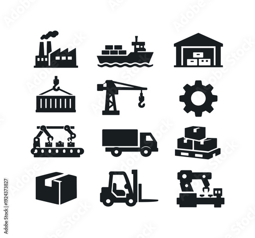 Solid vector icons of import substitution: manufacturing plant, cargo ship, warehouse, shipping container, crane, gear, assembly