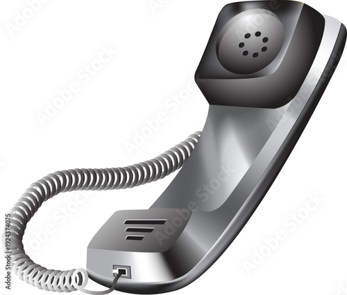 A detailed illustration of a classic silver and black telephone handset resting on a surface showcasing its coiled cord high quality