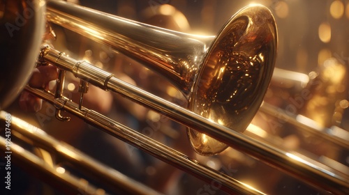 Close-up of golden trombone in warm light during jazz performance
