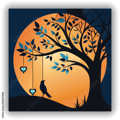 A silhouette image featuring a tree branch and a bird. The branch extends horizontally from the left, with small leaves and hanging strings. From these strings dangle several heart-shaped ornaments. A