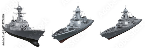 Cuadro en lienzo Modern naval destroyer isolated on white background, guided missile destroyer, w