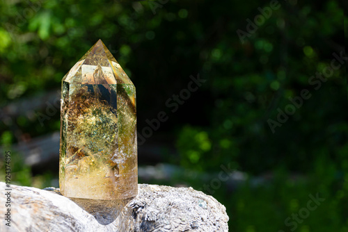 A close up image of a sparkling citrine crystal tower resting on an old weathered driftwood log. 