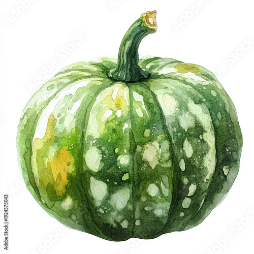 Watercolor illustration of a green speckled pumpkin isolated on a white background
