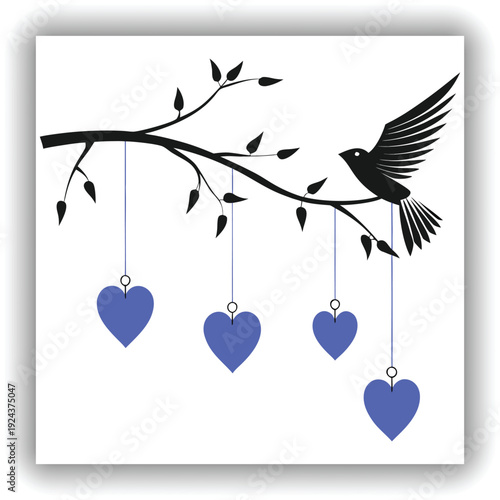 A silhouette image featuring a tree branch and a bird. The branch extends horizontally from the left, with small leaves and hanging strings. From these strings dangle several heart-shaped ornaments. A