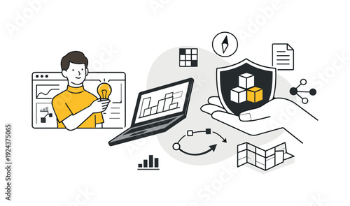 Modern minimal flat vector conceptual collage, crisp hard edges, consistent THIN outline stroke, rounded corners where needed,