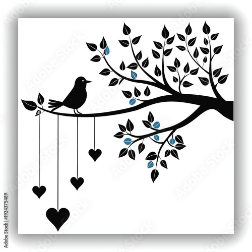A silhouette image featuring a tree branch and a bird. The branch extends horizontally from the left, with small leaves and hanging strings. From these strings dangle several heart-shaped ornaments. A