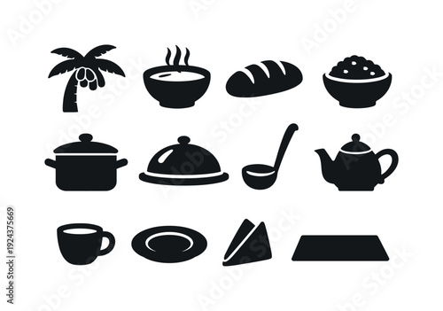 Solid vector icons of iftar meal: date palm, soup bowl, bread loaf, rice bowl, stew pot, serving tray, ladle, teapot, cup, plate,