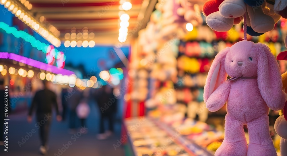 Fototapeta premium Pink Plush Rabbit Prize at Night Carnival Stall