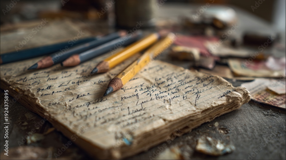 Naklejka premium Vintage notebook with pencils on rustic wooden table