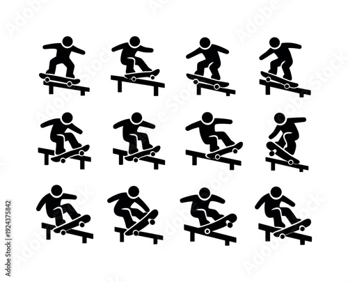 Solid vector icons of skateboard grind tricks: fifty fifty, five o, nosegrind, crooked grind, smith grind, feeble grind, salad