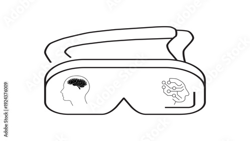 Human intelligence and artificial intelligence fusion on VR glasses lens line art.