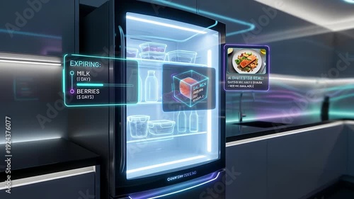 Hightech kitchen featuring holographic food tracking and alerts