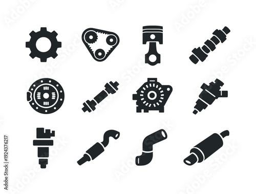Solid vector icons of auto repair: gear, timing belt, piston, camshaft, clutch, driveshaft, alternator, fuel injector, ignition