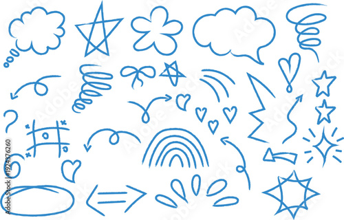 Hand Drawn Blue Doodle Elements Set on Black Background – Arrows, Stars, Hearts, Speech Bubbles, Rainbow, Swirls and Sketch Symbols Vector Illustration.