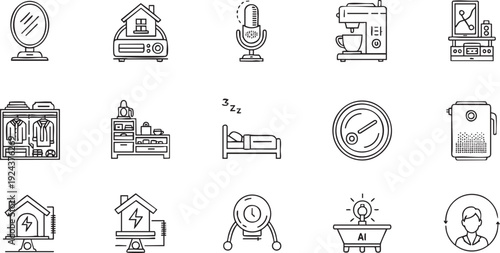 Smart Home Automation and AI Lifestyle Icon Set - Internet of Things (IoT), Modern Household Appliances, and Intelligent Living Line Icons
