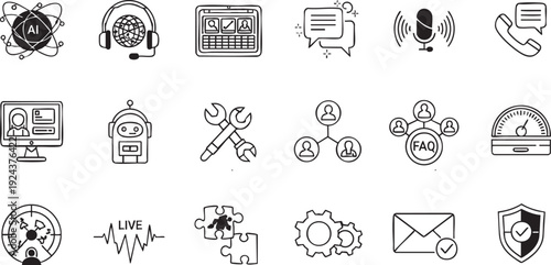 Customer Support and AI Chatbot Icon Set - Helpdesk, Technical Assistance, and Online Communication Line Icons