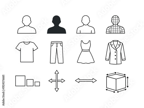Line style of virtual fitting room vector icons: avatar, silhouette, outline, mesh; top, pants, dress, coat; size, length, width,