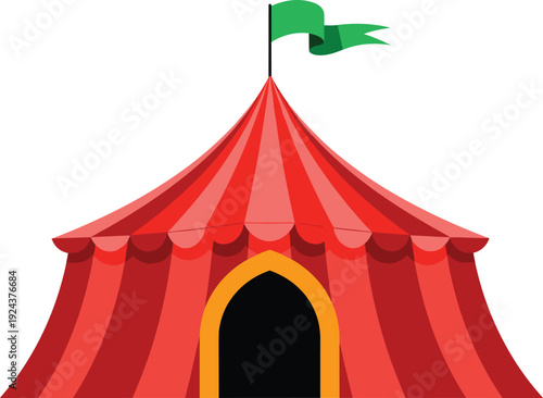 Vibrant circus tent with a green flag waving atop its entrance isolated on transparent background, Vector