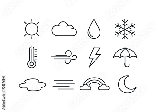 Line style vector icons of Climate transition: Sun, Cloud, Raindrop, Snowflake; Thermometer, Wind, Lightning, Umbrella; Puddle,