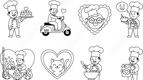 Chef and friends enjoying a variety of heartwarming food-related activities isolated on transparent background, Vector