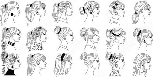 Abstract line drawings of human heads with various hairstyles and patterns isolated on transparent background, Vector