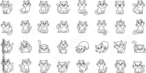 Collection of diverse cartoon animals in simple line art style isolated on transparent background, Vector