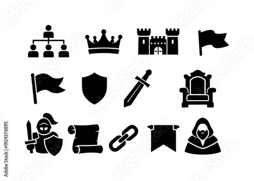 Feudalism Icon Set. Solid vector icons of team feudalism: hierarchy diagram, crown, castle, flag, shield, sword, throne, knight,