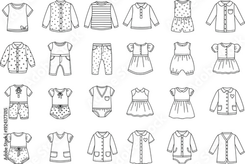 Collection of diverse women's clothing patterns featuring various blouse and dress designs isolated on transparent background, Vector