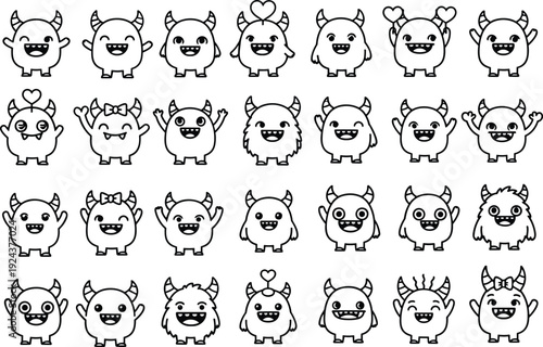 Collection of playful cartoon bears with different facial expressions in black and white isolated on transparent background, Vector