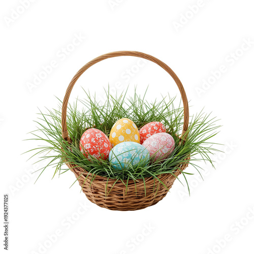 Basket With Decorated Eggs Surrounded by Grass During Easter Celebration
