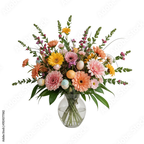 Bright Flowers in a Vase With Decorative Eggs for Spring Celebration