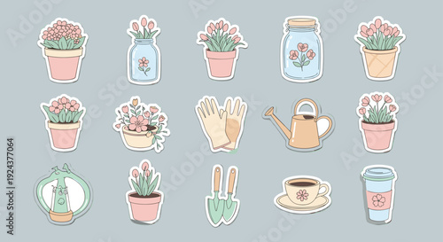 Charming collection of gardening and plant care icons in pastel colors isolated on transparent background, Vector