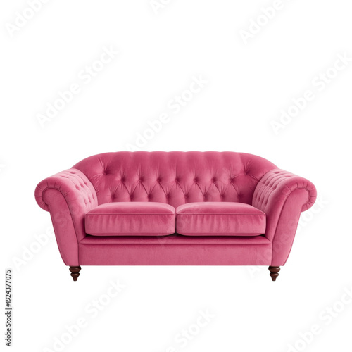 Bright Pink Sofa With Tufted Design in Simple Style on Display in a Clean Set...