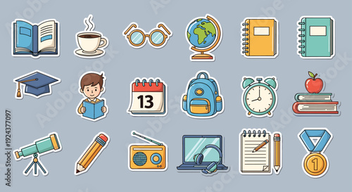 Colorful icons representing various educational and academic themes and tools isolated on transparent background, Vector