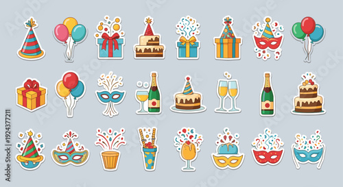 Colorful assortment of party items and celebratory decorations for festive occasions isolated on transparent background, Vector