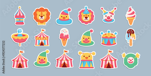 Colorful assortment of circus and carnival-themed icons and decorations isolated on transparent background, Vector