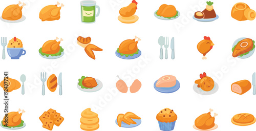 Colorful assortment of food icons representing various dishes and ingredients isolated on transparent background, Vector