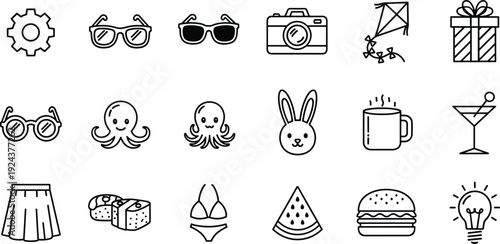 A collection of whimsical icons representing everyday objects and activities isolated on transparent background, Vector