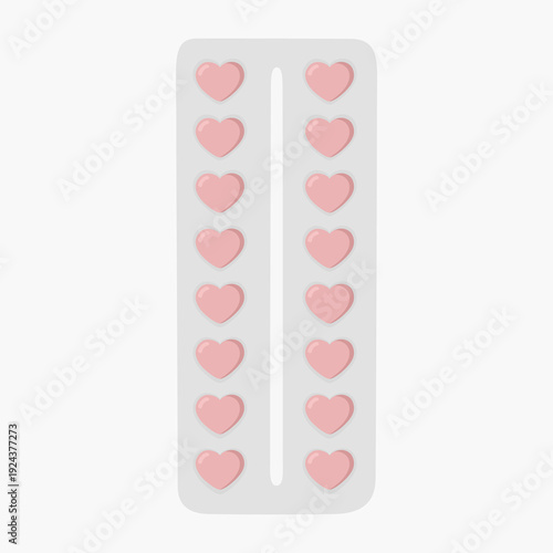Vector blister pack with heart-shaped pink pills. Symbolizes cardiovascular medication, hypertension treatment, and heart health supplements for medical design.
