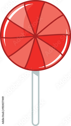 A colorful lollipop with a red circular candy and a white stick isolated on transparent background, Vector