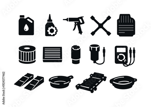 Car Service Essentials. Solid vector icons of car service: engine oil, gear oil, grease gun, tire iron, car mat, air filter, cabin
